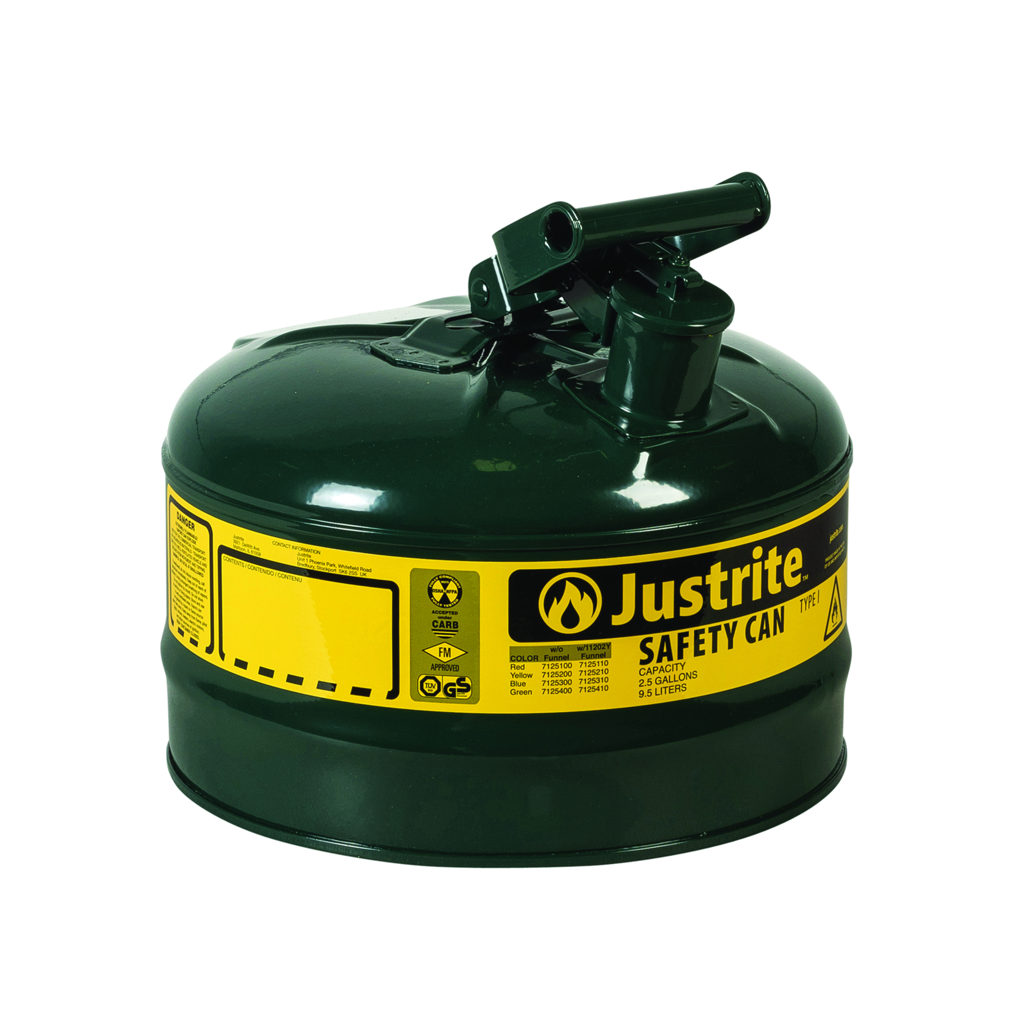 Justrite Type I Steel Safety Can for Oil — 2.5 Gallon, Green, Flame Arrester, Model# 7125400